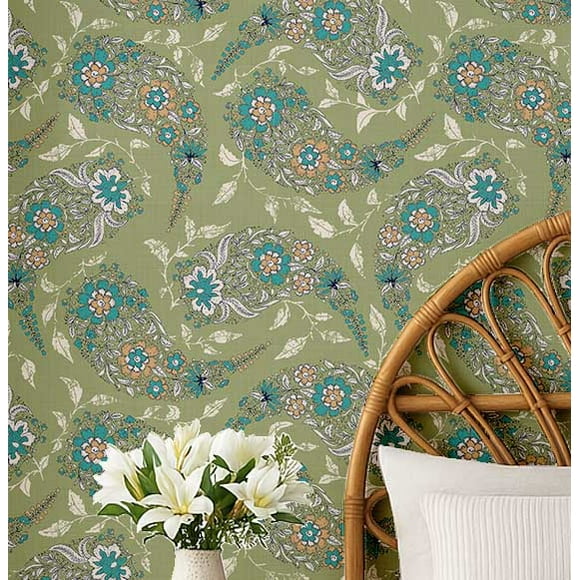 S4Sassy Peel & Stick Vinyl Wallpaper, Paisley Botanical Wallpaper Contact Paper Waterproof - Green, 25"X 120", Removable Wall Covering For Home Decor In Bedrooms, Renter Spaces, Cabinets