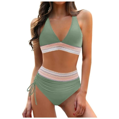 Sopiago Women High Waisted Bikini Sets Tummy Control Swimsuits Color Block Two Piece Drawstring Bathing Suit Green XL