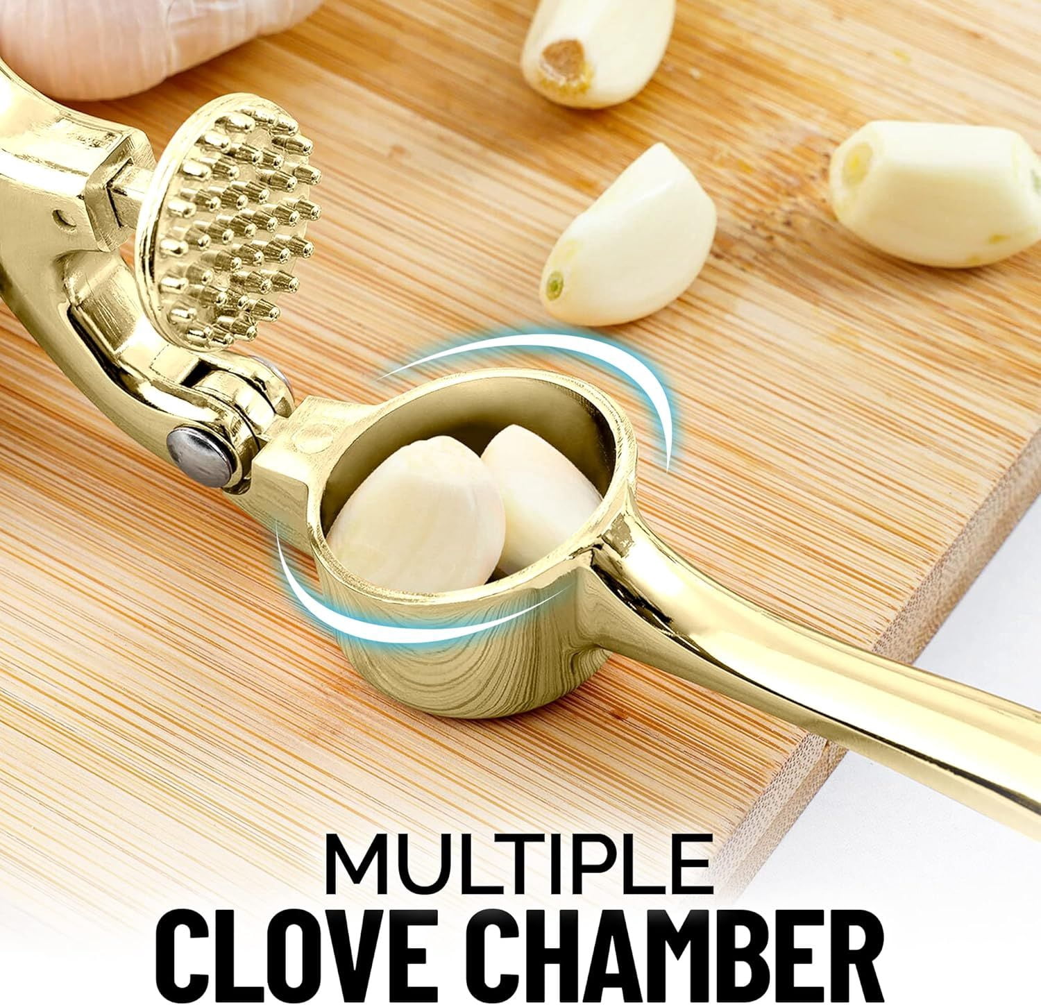 Kitchen Premium Garlic Press with Soft Easy to Squeeze Handle Includes Silicone Garlic Peeler and Cleaning Brush 3 Piece Garlic Mincer Tool Sturdy Easy to Clean Garlic Crusher Gold