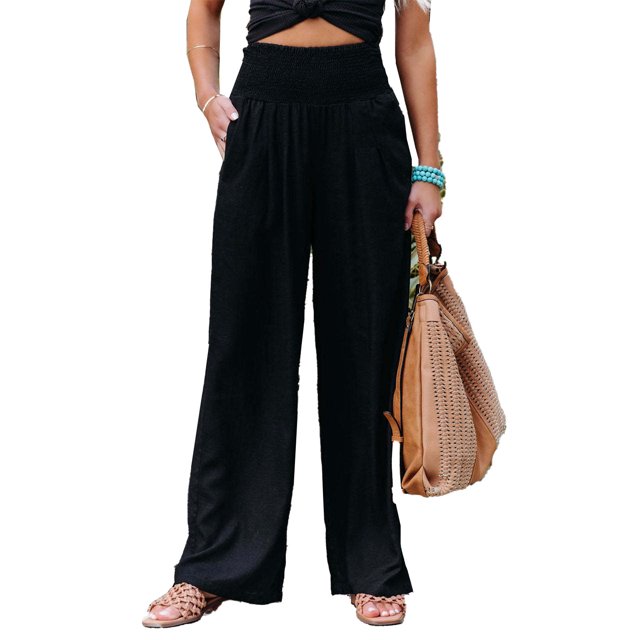 Pantalones de mujer de cintura alta, pierna ancha, pantalones largos, pantalones sueltos casuales para el trabajo, vacaciones, negro, M