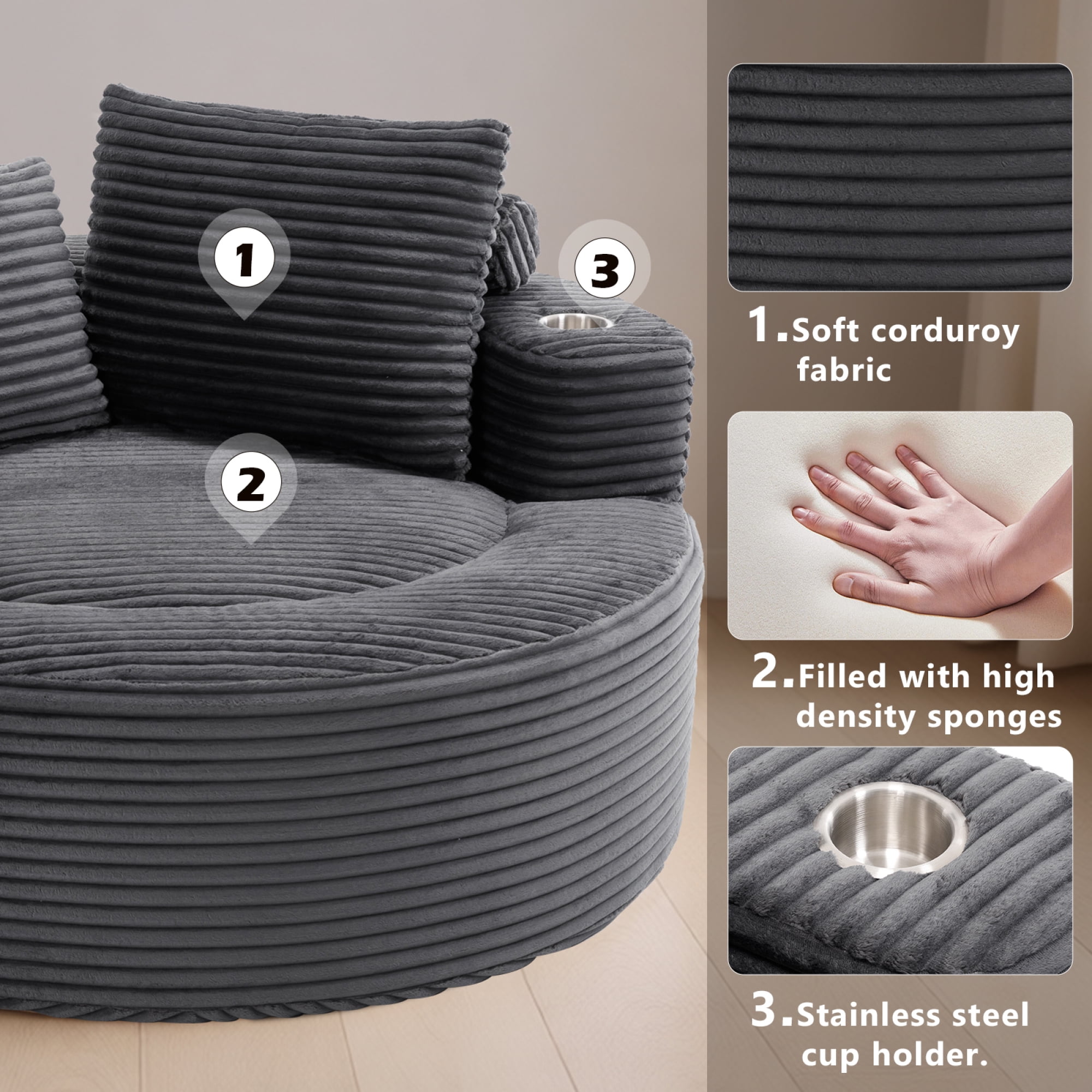 Leumius Oversized Round Chaise Lounge Sofa,Upholstered Lounge Chair with 2 Pillows and Cupholders,Boneless Sofa Couch with Memory Foam,Deep Seat Sleeper Chair for Living Room,No Assembly,Dark Gray