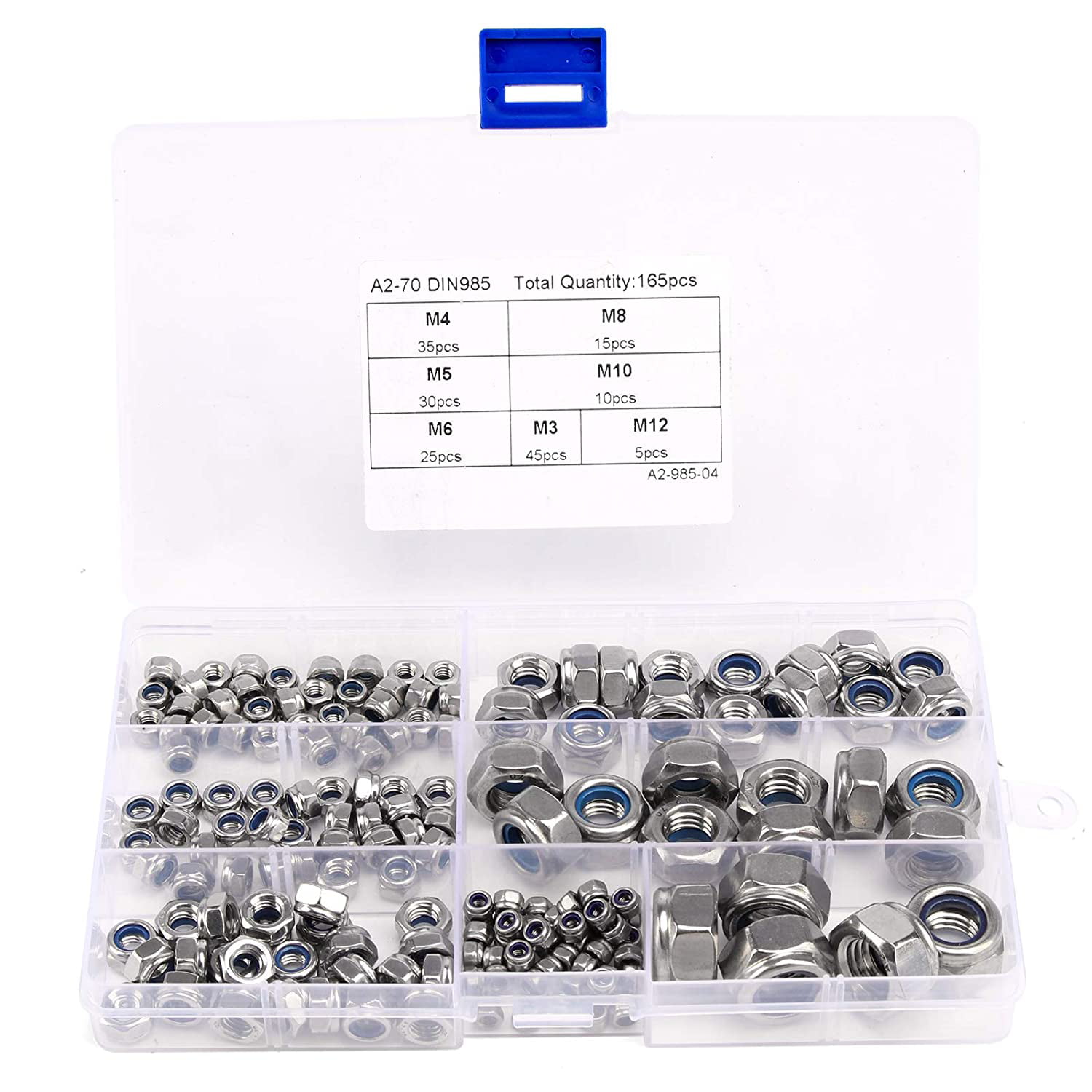 250pcs M3 M4 M5 M6 M8 M10 304 Stainless Steel Hex Nut with Assortment Box 