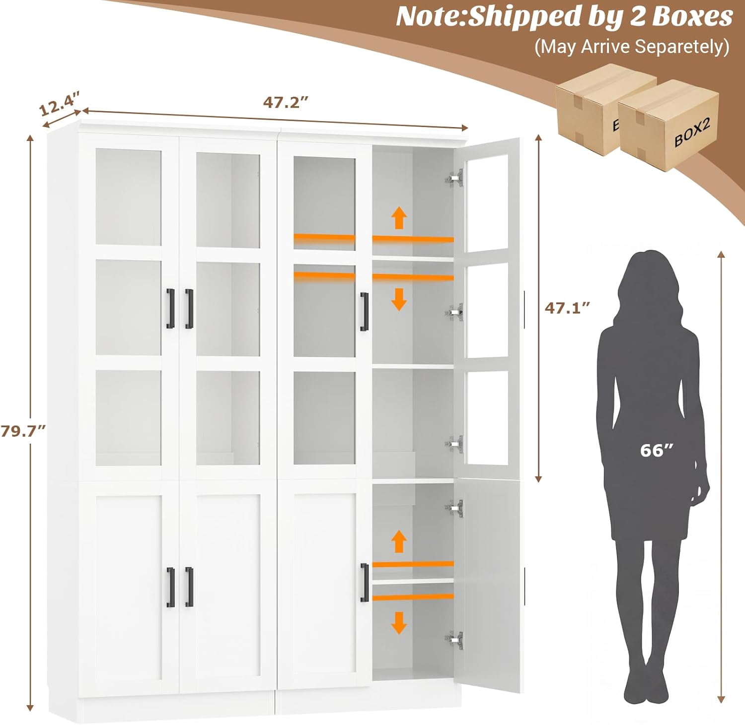 Homieasy 47.2'' Pantry Storage Cabinet 2-Piece Set, 79.7'' Tall Freestanding Kitchen Storage Cabinet with Glass Doors and Adjustable Shelves, Off-White