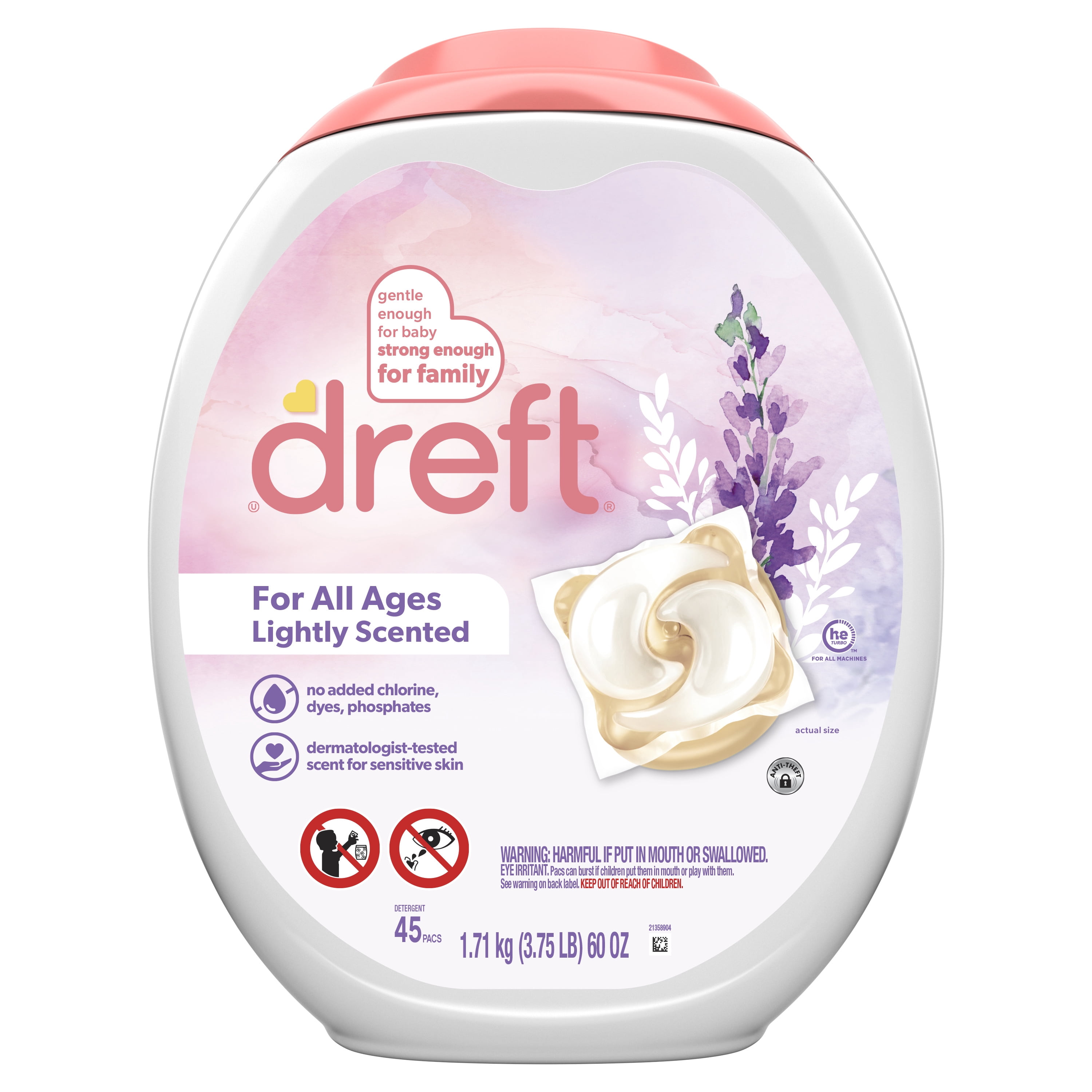 Dreft Baby Laundry Detergent XL Pacs, Sensitive Skin, Hypoallergenic, Lightly Scented Lavender, 45 Count