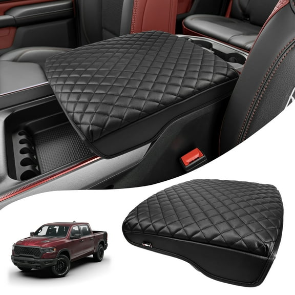 KBH Center Console Cover for 2019-2026 Dodge Ram 1500 2500 3500, Armrest Cushion Pad Cover for Ram 1500 Accessories, Black Leather Interior Trim (Bucket Seat Only)