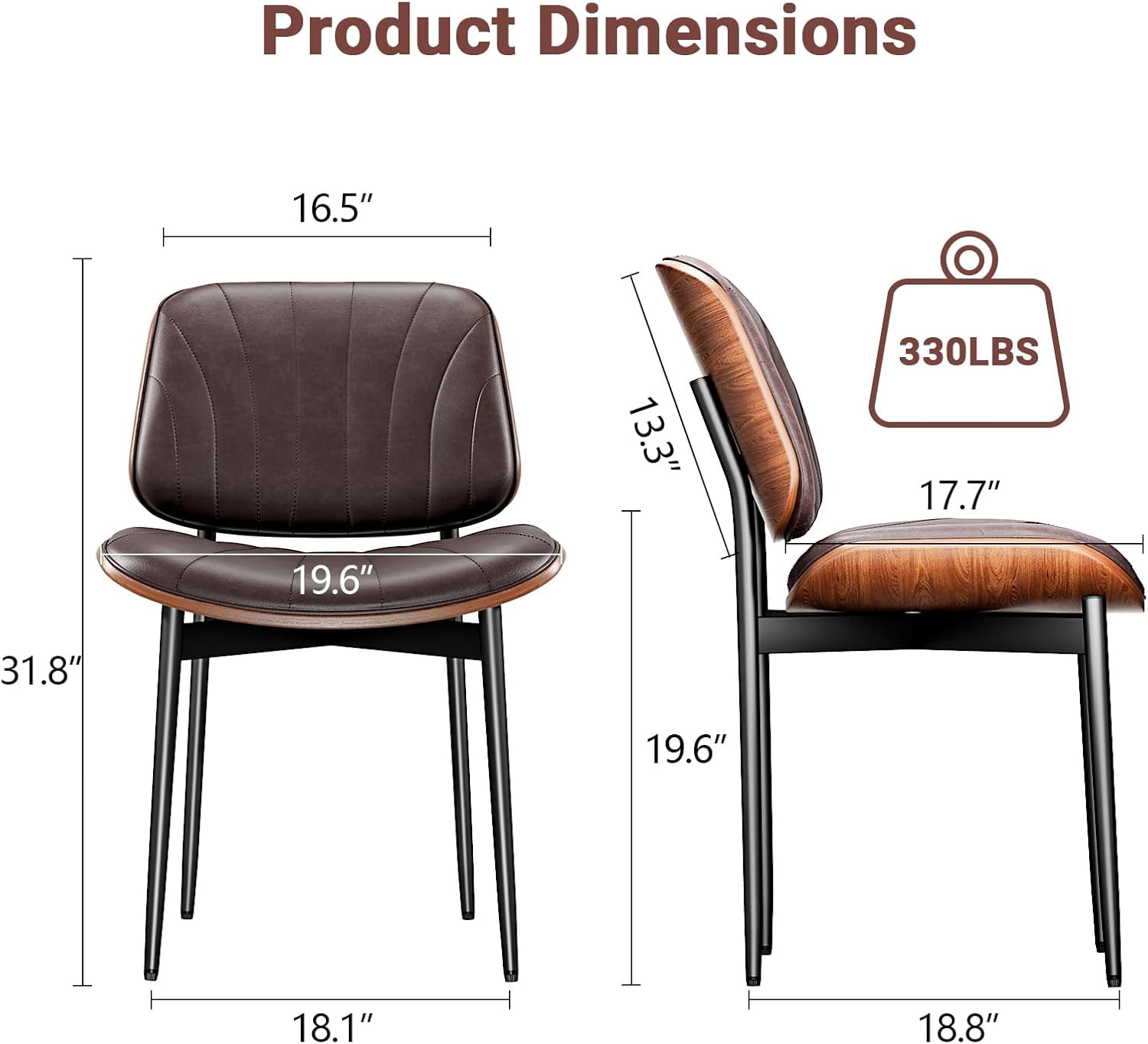 GIKPAL Dining Chairs Set of 2 PU Faux Leather Walnut for Mid-Century Modern Kitchen & Dining Room,Brown