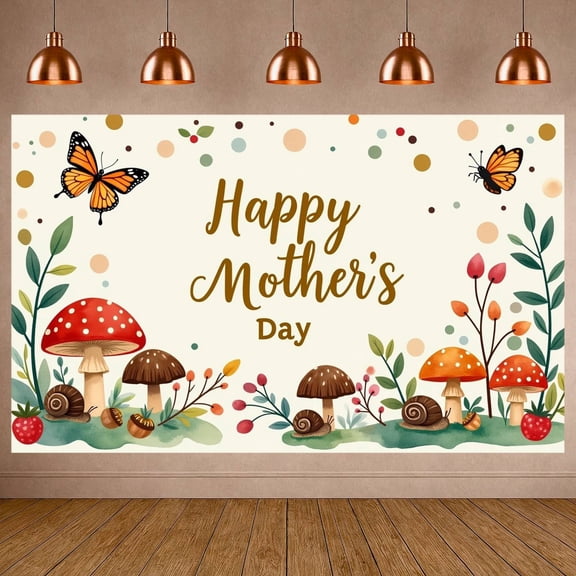 Watercolor  Happy Mother's Day Banner Woodland Themed Backdrop Mushroom Patterned Background for Mother's Day Celebration Family Gathering Brunch Party