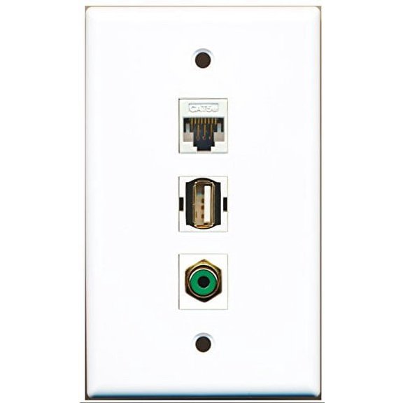 RiteAV - 1 Port RCA Green and 1 Port USB A-A and 1 Port Cat5e Ethernet White Wall Plate
