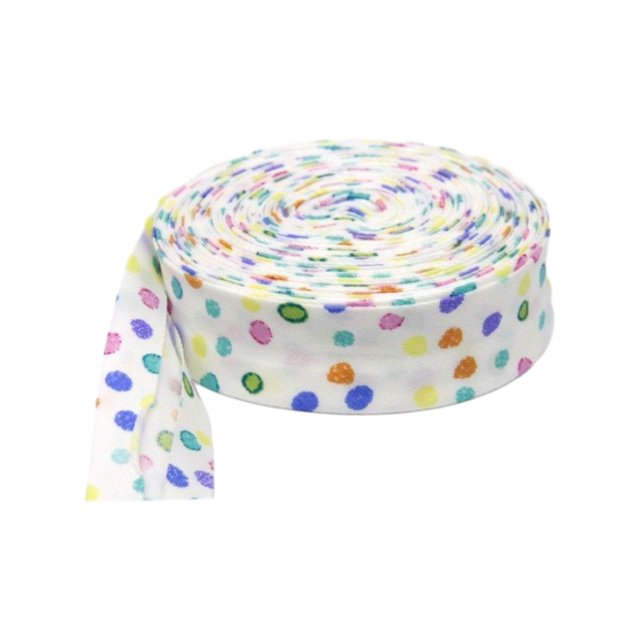 Cateissary Cinta adhesiva al bies de un solo pliegue para acabados de bordes precisos y duraderos, cinta planchada con impresión de puntos Tela de costura y artesanía puntos blancos del arcoiris