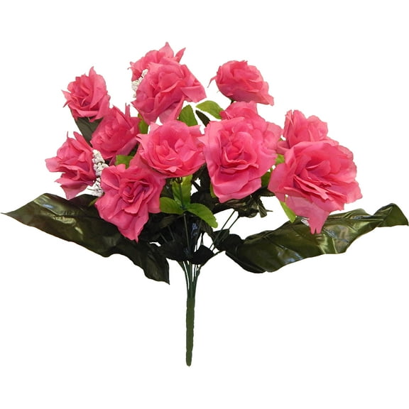 Barbie Pink Rose with Gypsophila 21in Artificial Polysilk Faux Fake Flower Bush for Craft Home Garden Outdoor Bouquet Arrangement Ceremony Wedding Arch Floral Wall Aisle Decor (Fuchsia, Set of 3)