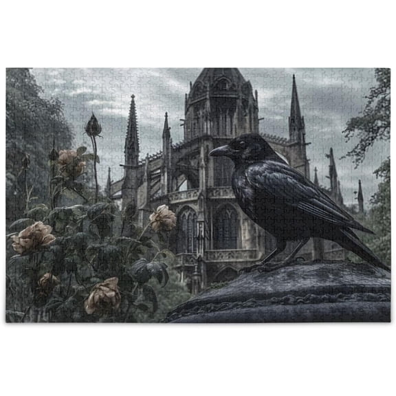 Jigsaw Puzzle 500 Pieces Adults Gothic Raven Church Theme with Alphabet Back Side, Family Entertainment Puzzle with Storage Bag
