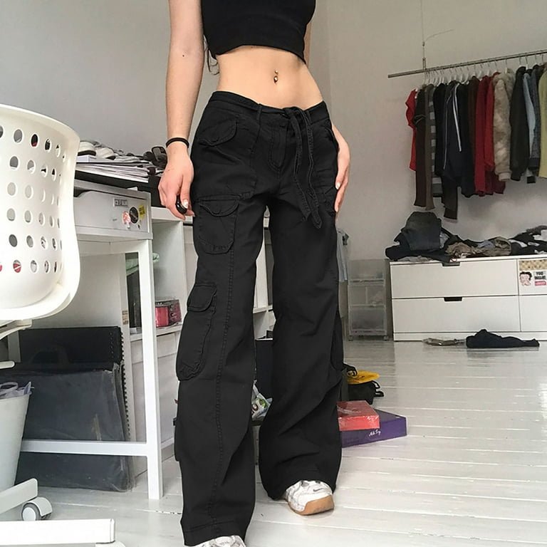Women Low Waisted Cargo Pants Trendy Drawstring Wide Leg Jogger Trousers  Hippie Punk Loose Fit Streetwear with Pockets 
