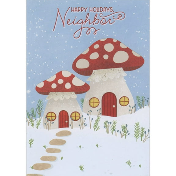 Designer Greetings Two Mushroom Houses in Winter Setting Christmas Card for Neighbor