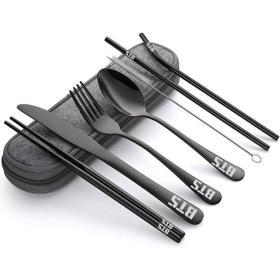 ZH&GE Kpop 8 Pieces Travel Camping Cutlery Set with Stainless Steel Handles