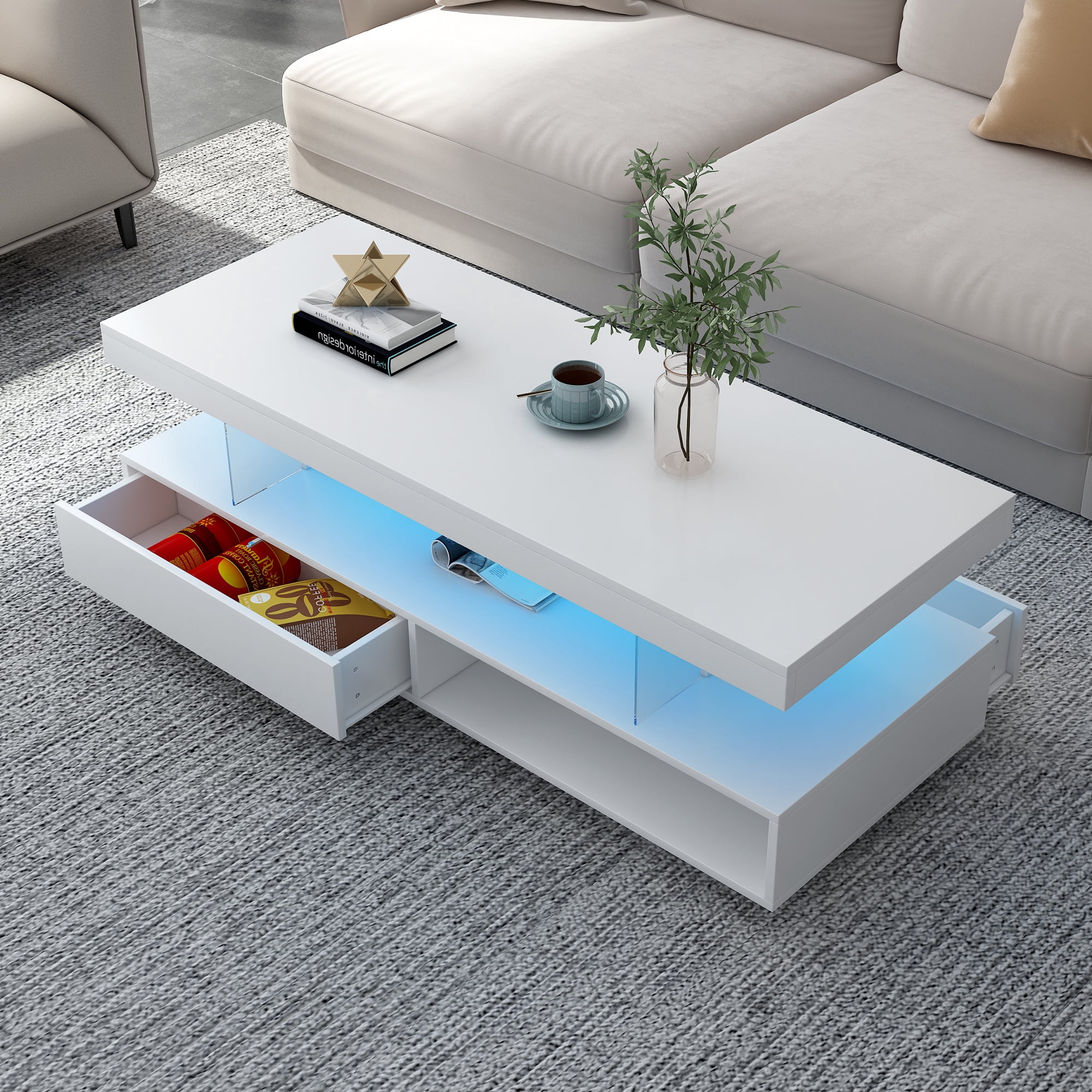 Mintazer Coffee Table with LED Lights and Storage, Modern Center Table with Display Shelves for Living Room, Apartment, White