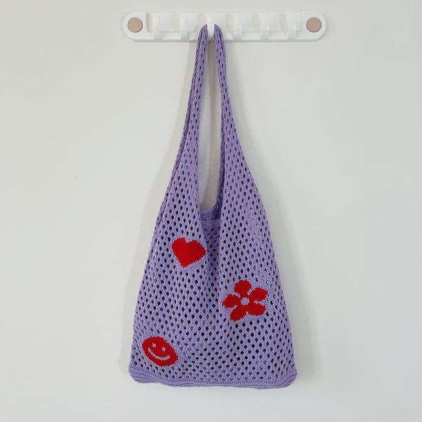 Bolsa Bolso de hombro de gran capacidad de punto Bolsos de flores huecas de malla (púrpura) JShteea Para Estrenar