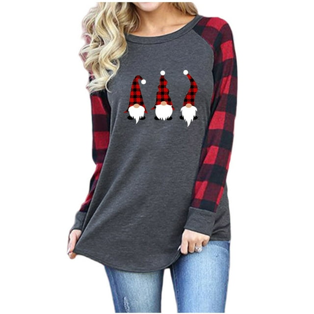 T-Shirt Raglan à Manches Longues pour Femmes, Imprimé de Noël, à Carreaux, avec Coutures, Col Rond, Style Baseball