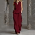 thumbnail image 2 of Women's Cotton Linen 2-Piece Outfit V-Neck Sleeveless Button Detail Top Wide Leg Pants Casual Summer Set Wine S(S), 2 of 6