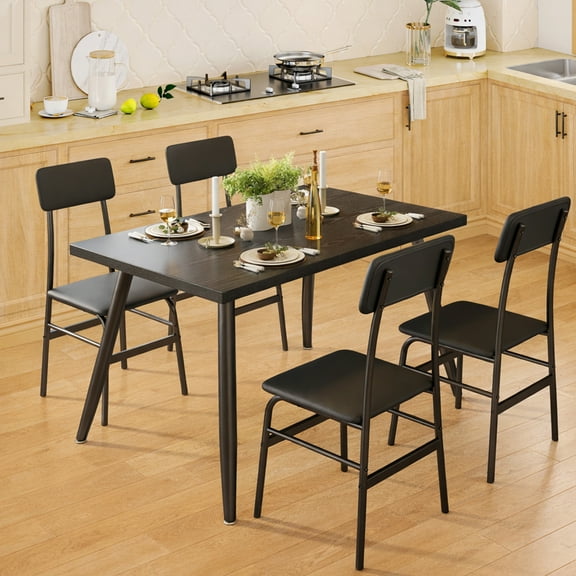 Aiho 5-Piece Modern Dining Set, Metal & Wood Table & 4 Chairs, Space-Saving for Small Spaces & Apartments, Black
