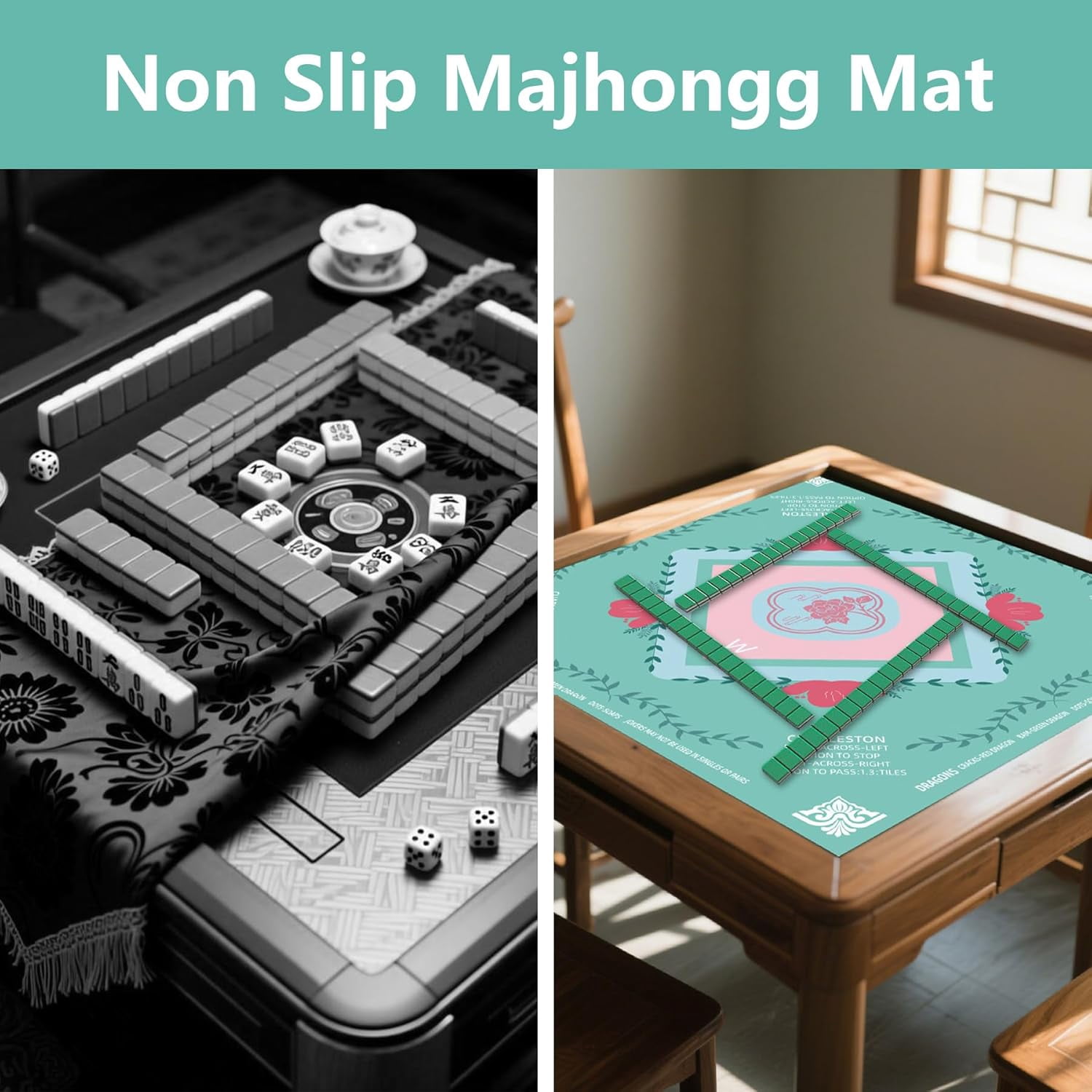 Mahjong Mat for Table Noise Reduction Non Slip Mahjong Table Mat for Playing Card, Blackjack Mahjong Poker,Board Games 31.5"x31.5" Size (Green)
