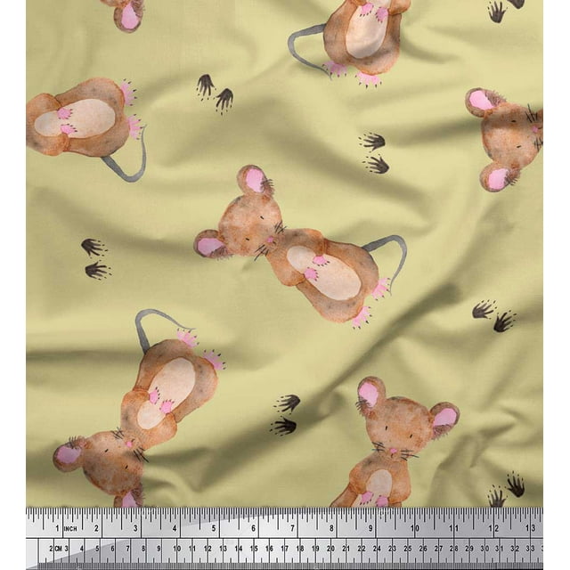 Soimoi Beige Poly Georgette Fabric Footprints & Mouse Kids Printed Fabric 1 Yard 52 Inch Wide