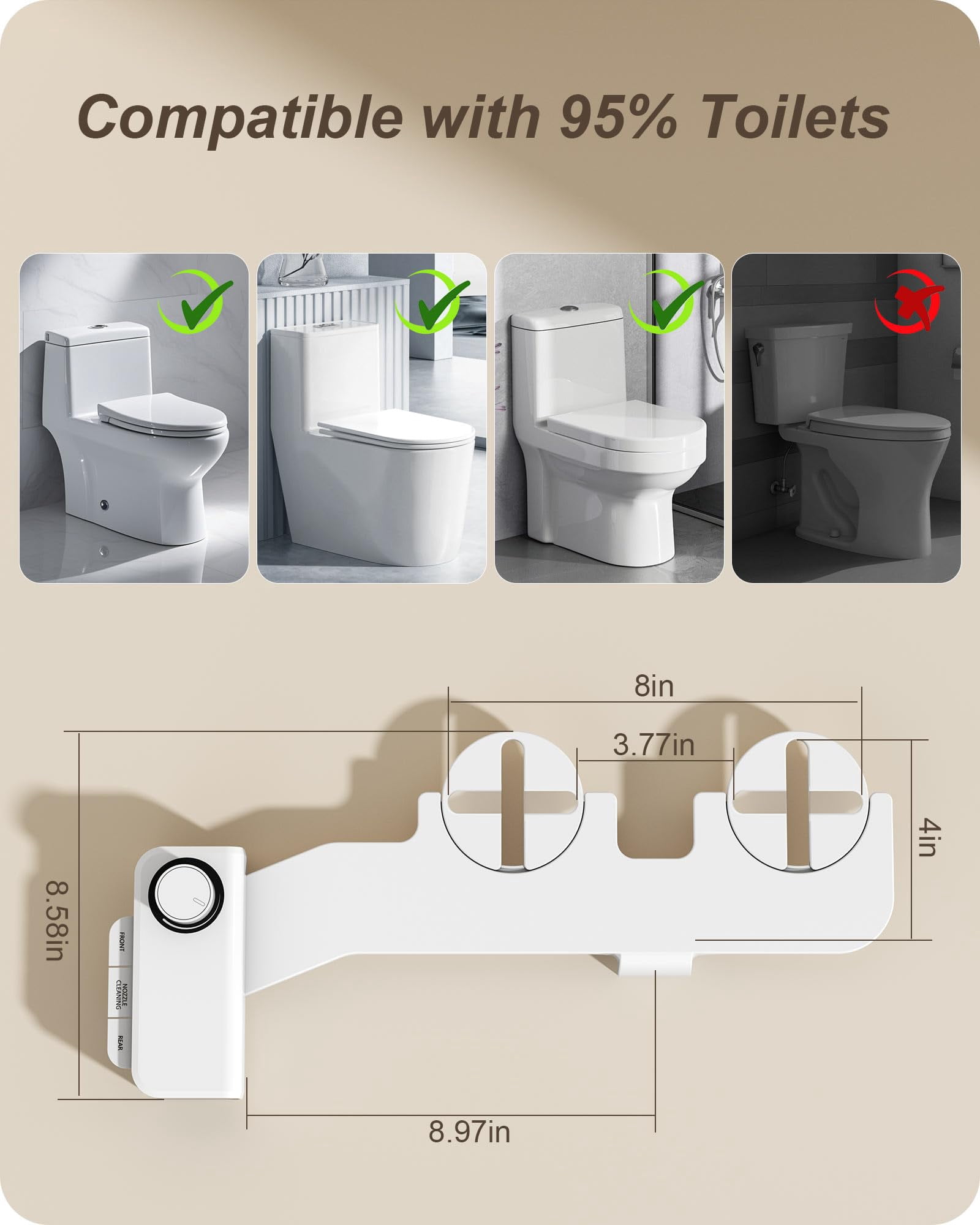 Ultra-slim Bidet Attachment For Toilet Dual Nozzles Feminine & Rear Wash Seat Non Electric Self Cleaning Adjustable Water  (kb001)
