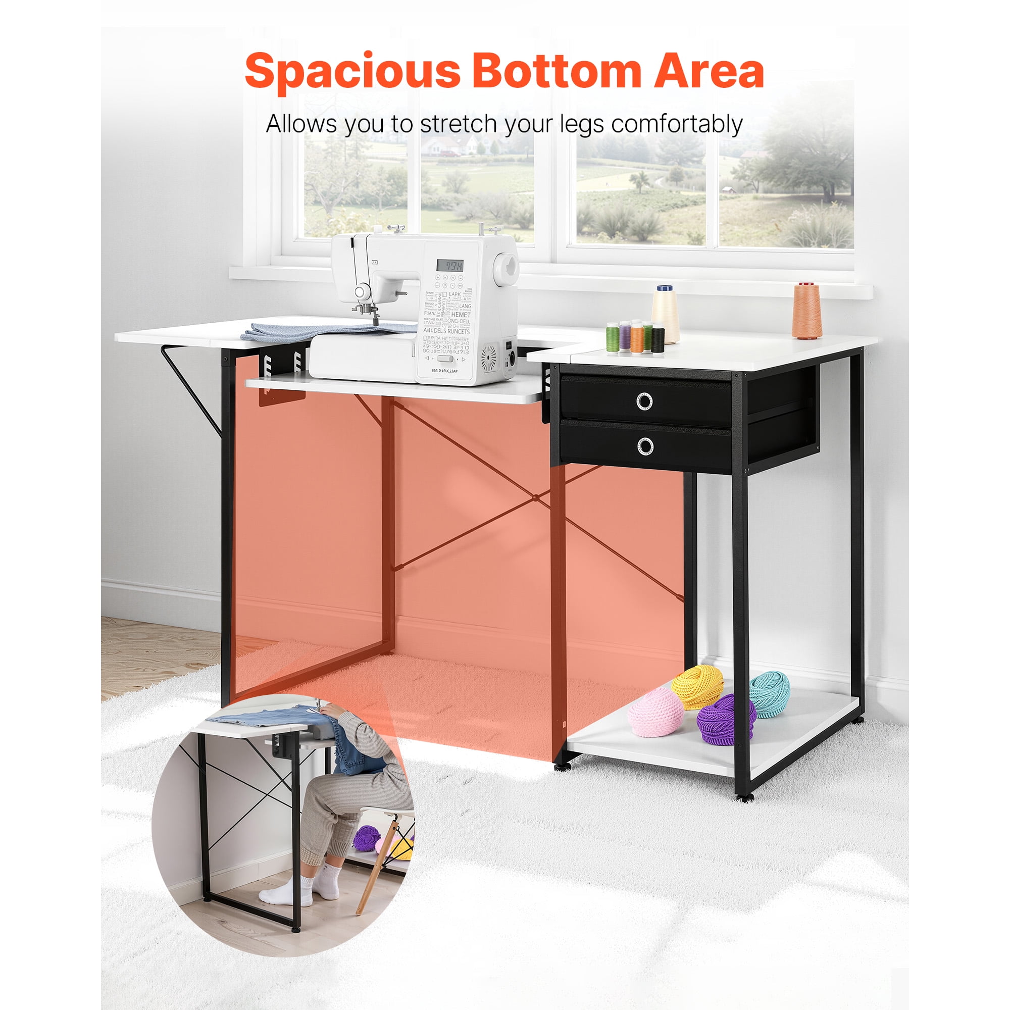 KFFKFF Multipurpose Sewing Machine Table with Drawers, Foldable Side Shelf, Adjustable Storage, Steel Frame, Versatile Desk for Home, Studio, or Educational Use