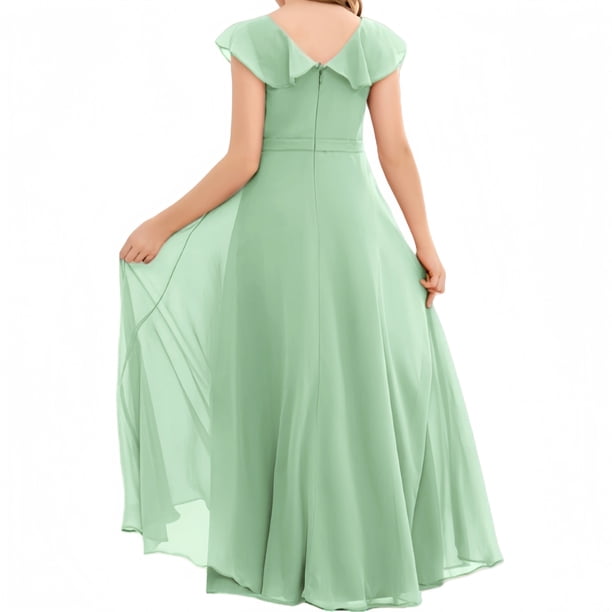 sage green junior bridesmaid dresses Pleats Scoop Sleeveless Dress Junior Bridesmaid Dresses Chiffon Flower