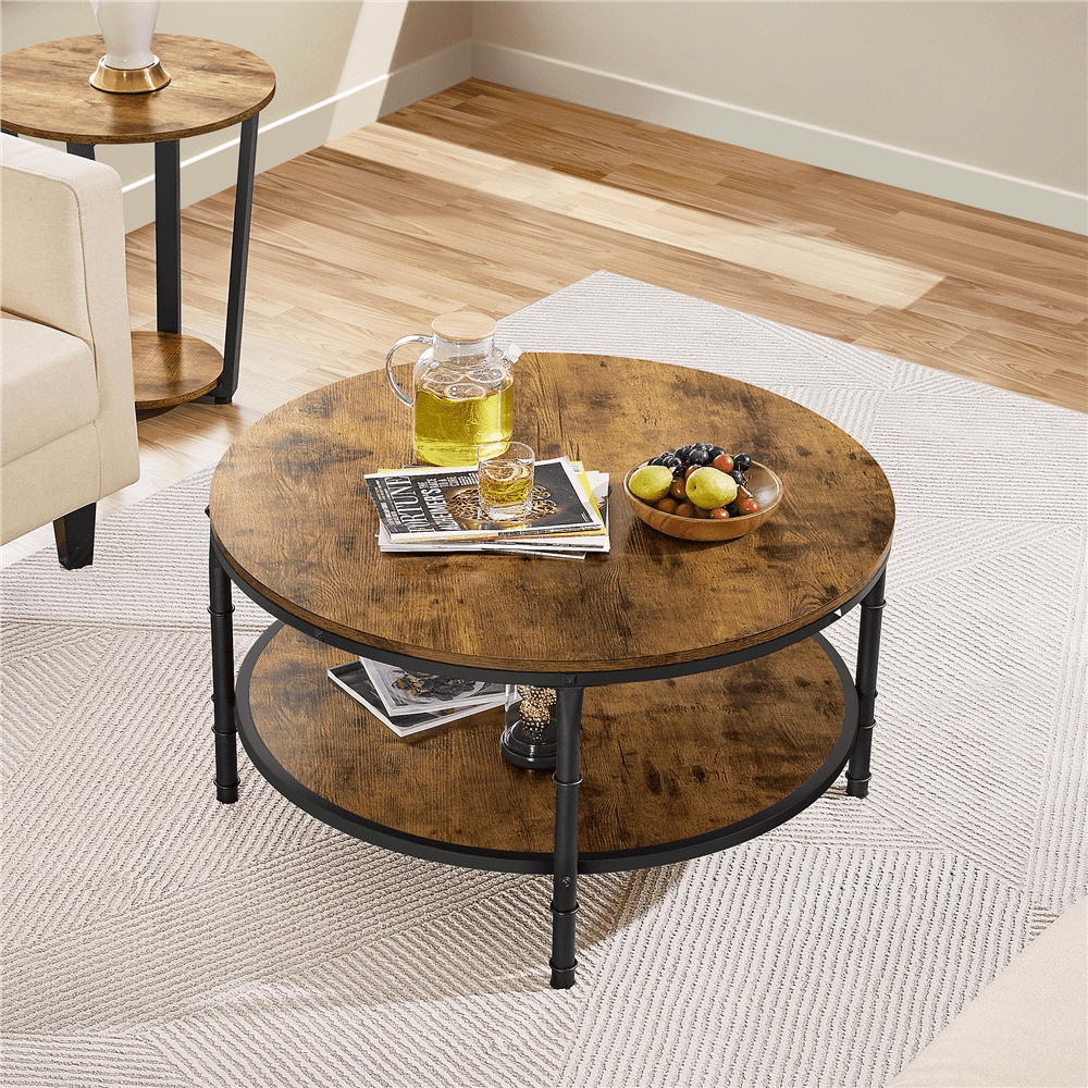 Buy Yaheetech Rustic Round Coffee Table 2Layer Vintage Table, Rustic Brown Online at Lowest