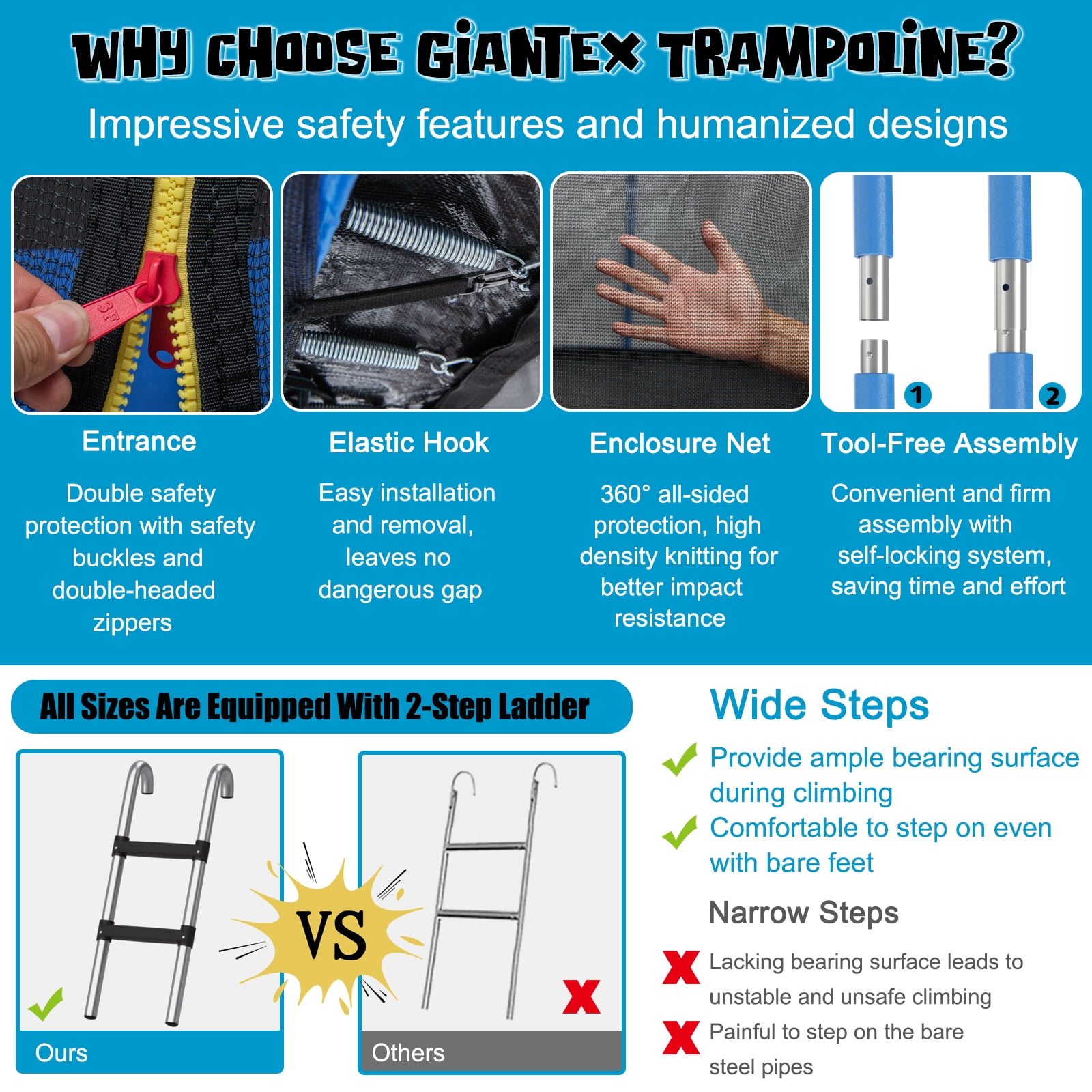 Infans 12FT Outdoor Large Trampoline Safety Enclosure Net w/ Basketball Hoop Stepper