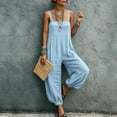 thumbnail image 2 of Women's Cotton‑Linen Spaghetti Strap Jumpsuit Solid‑Color Sleeveless Loose Harem‑Leg One‑Piece Pants with Side Pockets Blue M(M), 2 of 8