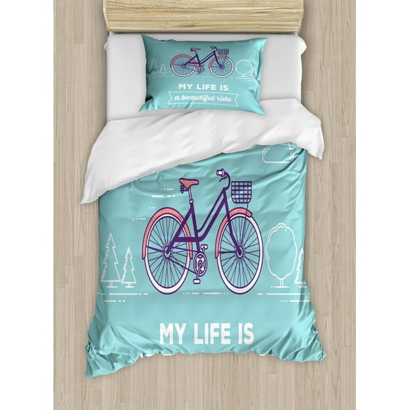 Saying Duvet Cover Set Twin Size, Retro Pastel Bike with Basket and Text My Life is a Beautiful Ride, Decorative 2 Piece Bedding Set with 1 Pillow Sham, Pale Blue Dark Purple Coral, by Ambesonne