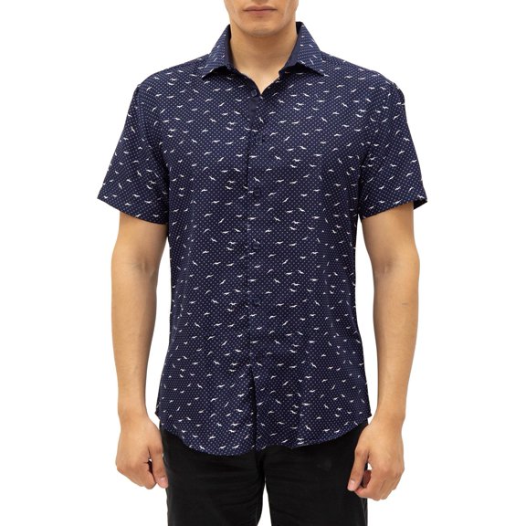 Navy Button Up Short Sleeve Dress Shirt, White Seagull, Size: 3X, Vacay Land