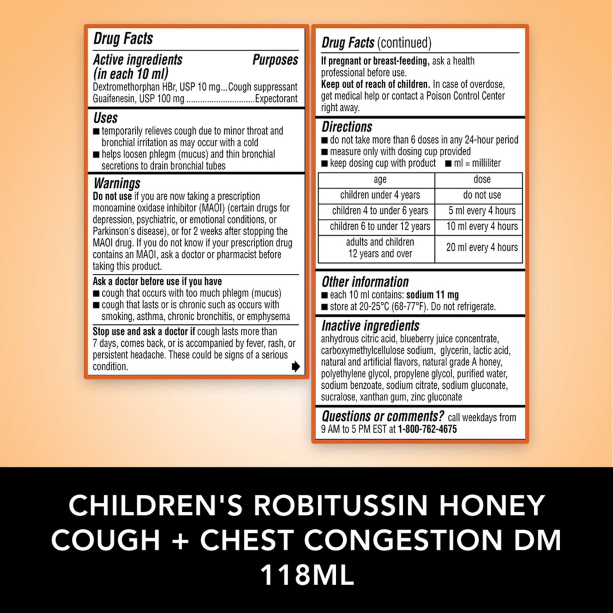 Children's Robitussin Kids Cough Congestion DM and Cold Medicine, Honey, 4 Fl Oz