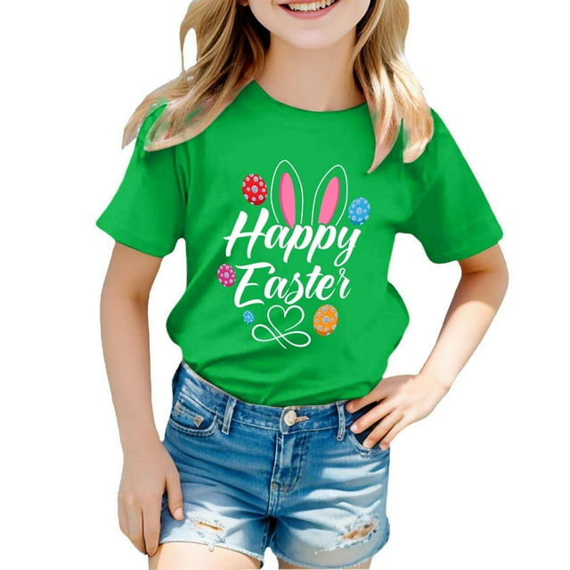 MIASHUI T-Shirt Garçon Drôle Imprimé Lapin de Pâques Manches Courtes pour Filles, Vert, 4-5 Ans