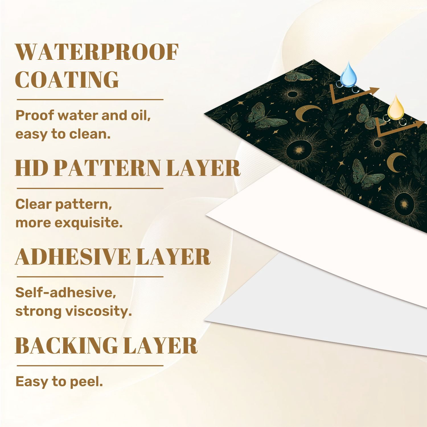 Peel and Stick Wallpaper 17.7in x 9.8ft Butterflies Floral Moon Phases Gold Accents Contact Paper Vinyl Waterproof Self Adhesive Wall Paper for Bedroom Shelf Cabinet Renter Friendly
