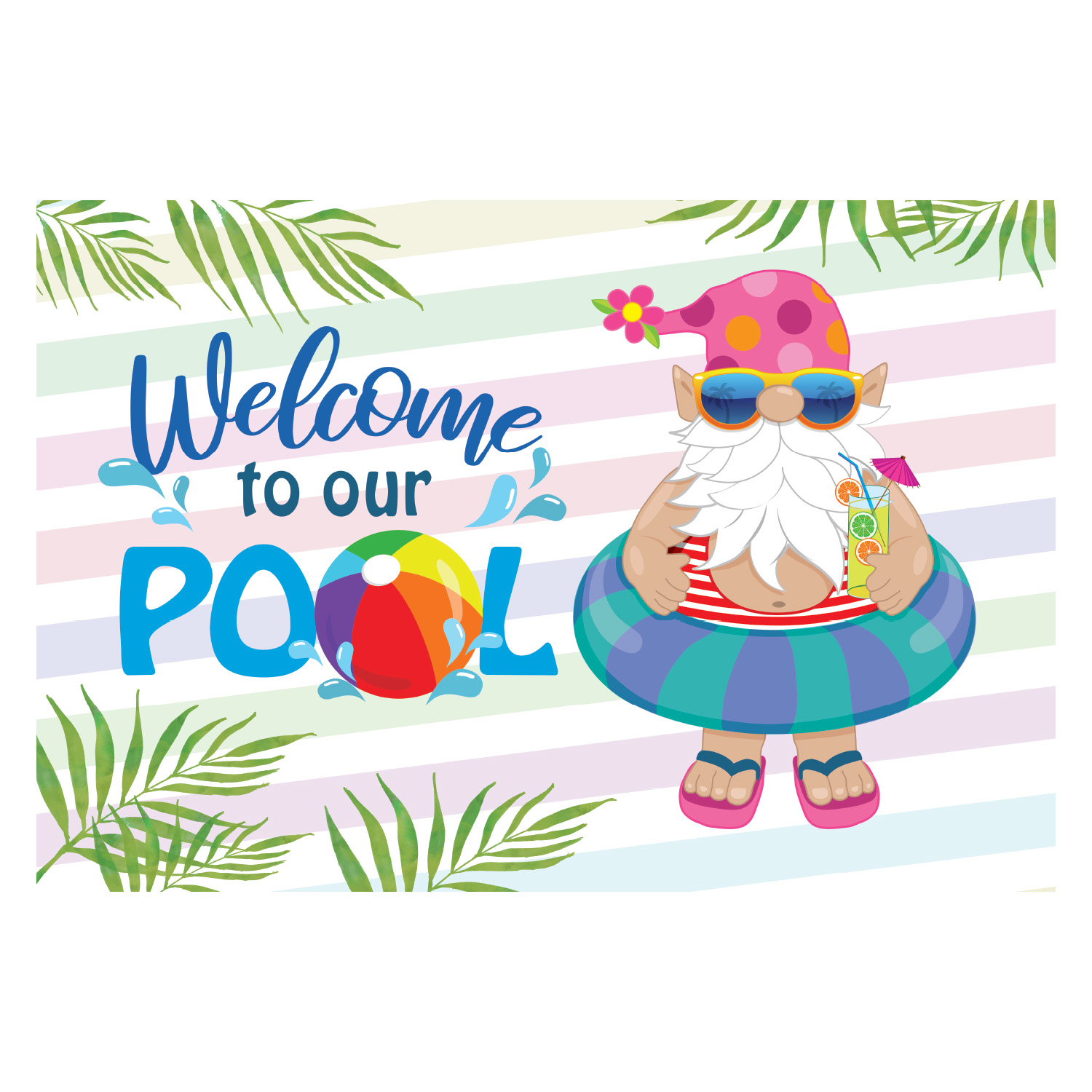 Personalized Planet 27x18 Welcome To Our Pool Doormat with Custom Family Name Printed on Colorful Rectangular 1/4” Thick Non Slip Mat with Gnome Character Design for Patio Deck or Porch