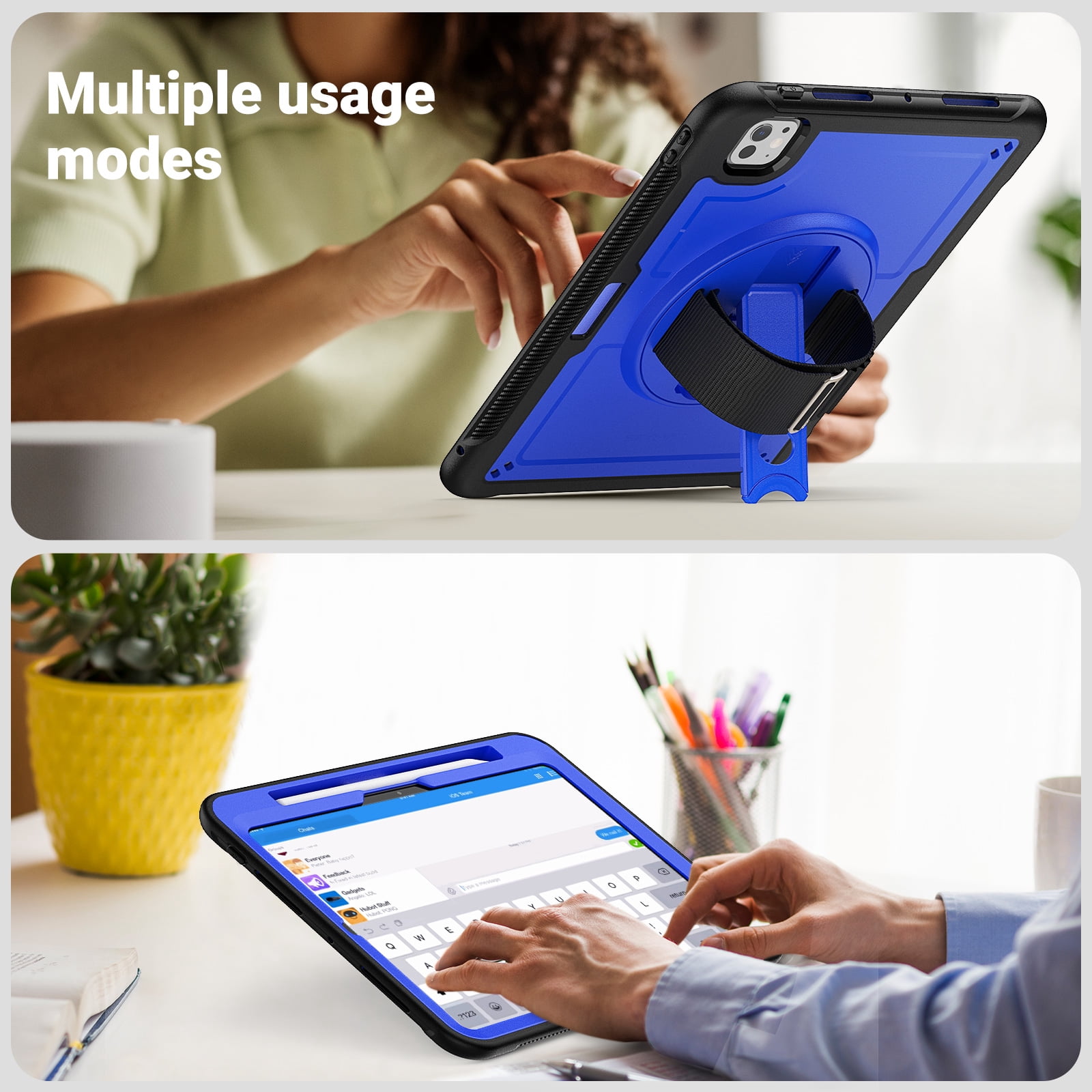 ELEHOLD Case for Apple iPad Pro 11 2024,Soft TPU Rugged Durable Case with 360° Rotating Hand Strap & Foldable Hidden Stand & Pencil Holder,Darkblue