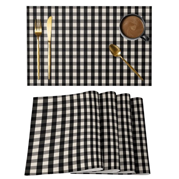 Vintage Black Buffalo Plaid Placemats Set of 6,Wipeable Washable Table Mats for Dining Tables, Country Checkerboard Place Mats for Kitchen Event Party Tabletop Decor