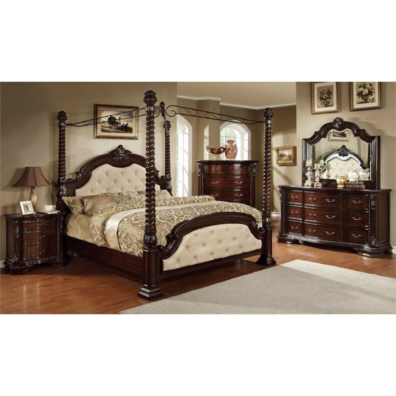 King Canopy Bedroom Set In Dark Walnut, King Size Black Canopy Bedroom Sets