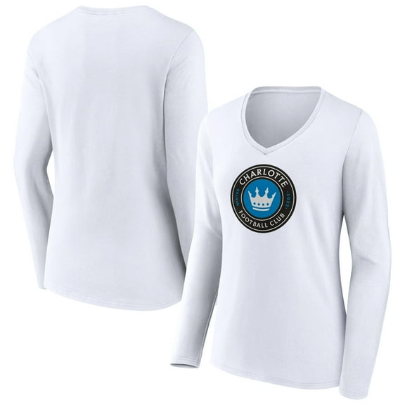 Women's White Charlotte FC Official Team Logo Long Sleeve V-Neck T-Shirt