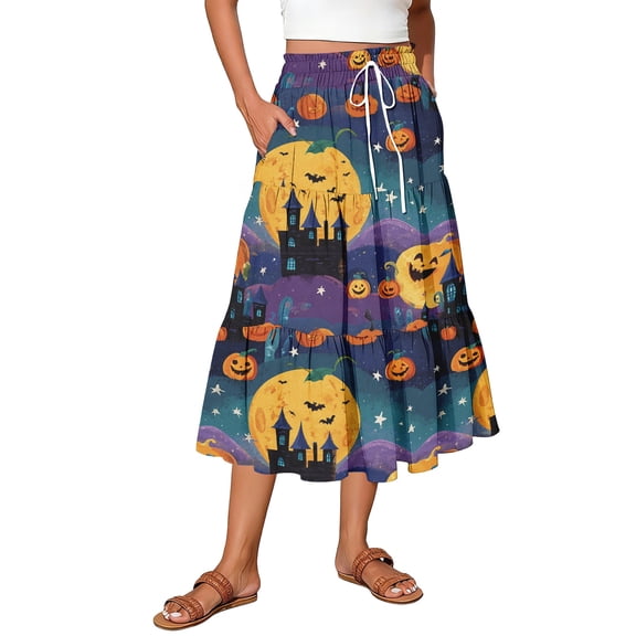 EANJE Halloween Womens Casual Elastic Waist Drawstring Midi Skirt Print Vacation Style A Line Flowy Skirt for Daily Wear Dark Blue L