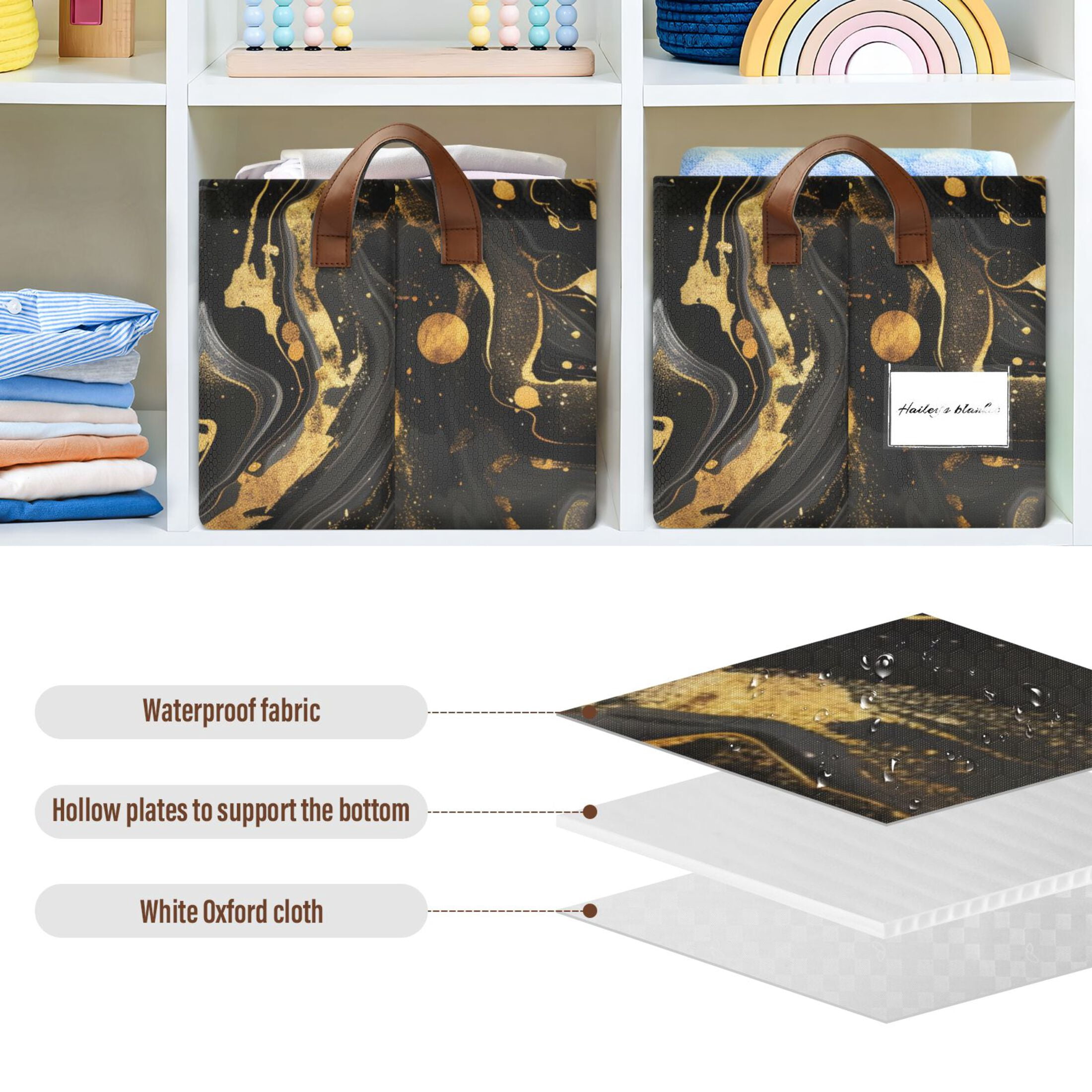 Ryvnso Luxury Black and Gold Marble Storage Bins Large Basket Foldable Cube Toys Organizer with Handles 2 PCs
