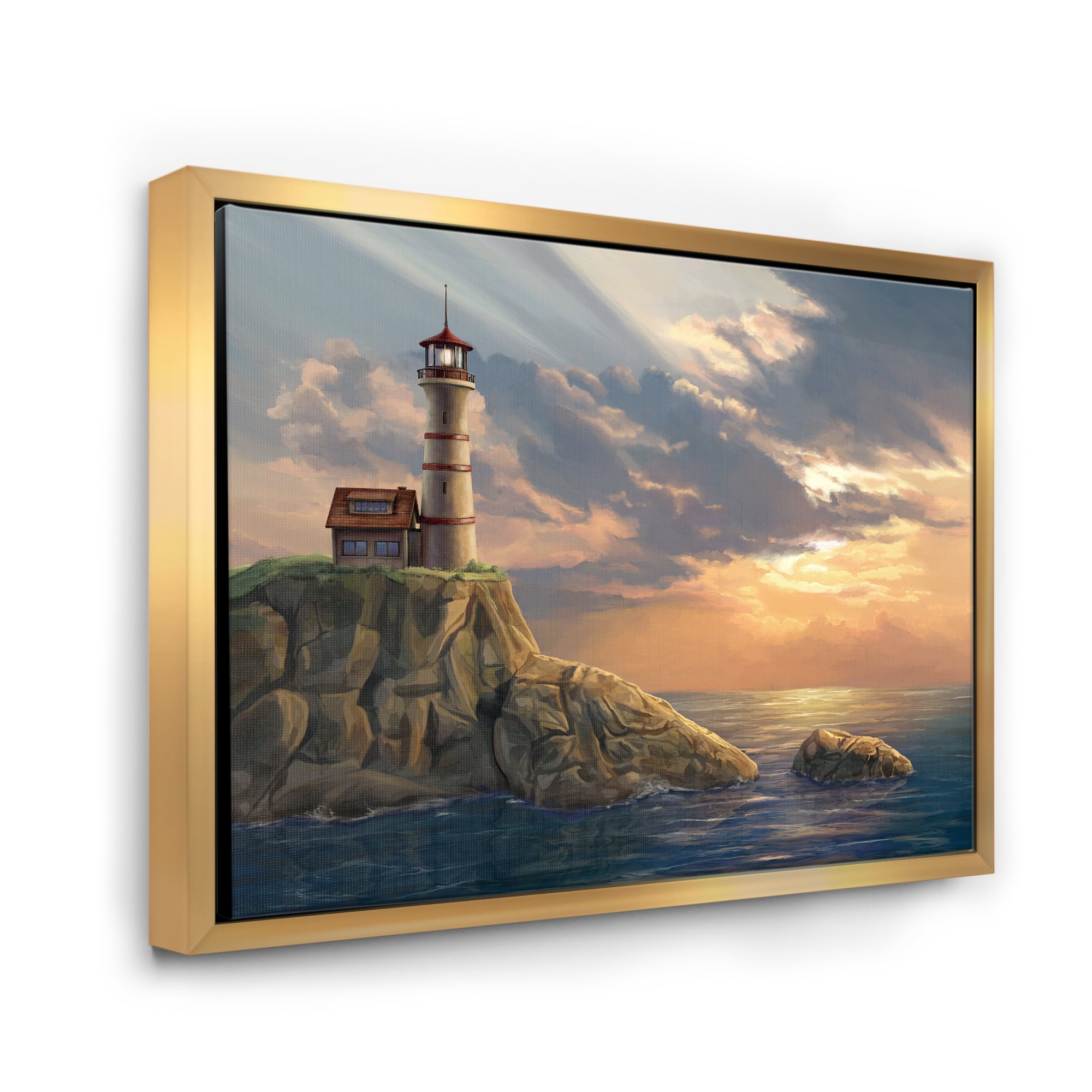 Designart 'Lighthouse On A Rocky Coastal Cliff At Evening Light' Nautical & Coastal Framed Canvas Wall Art Print