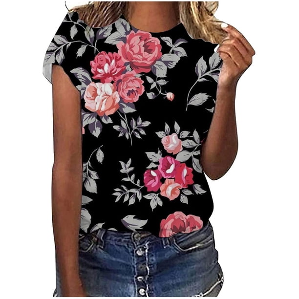 Tops con estampado de flores de manga corta con cuello redondo para mujer Fridja bn5910