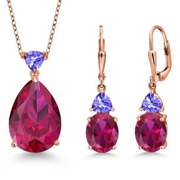 Gem Stone King 18K Rose Gold Plated Silver Red Created Ruby and Blue Tanzanite Pendant Earrings Jewelry Set for Women (20.20 Cttw, Pear Shape 18X13MM, with 18 inch Chain)