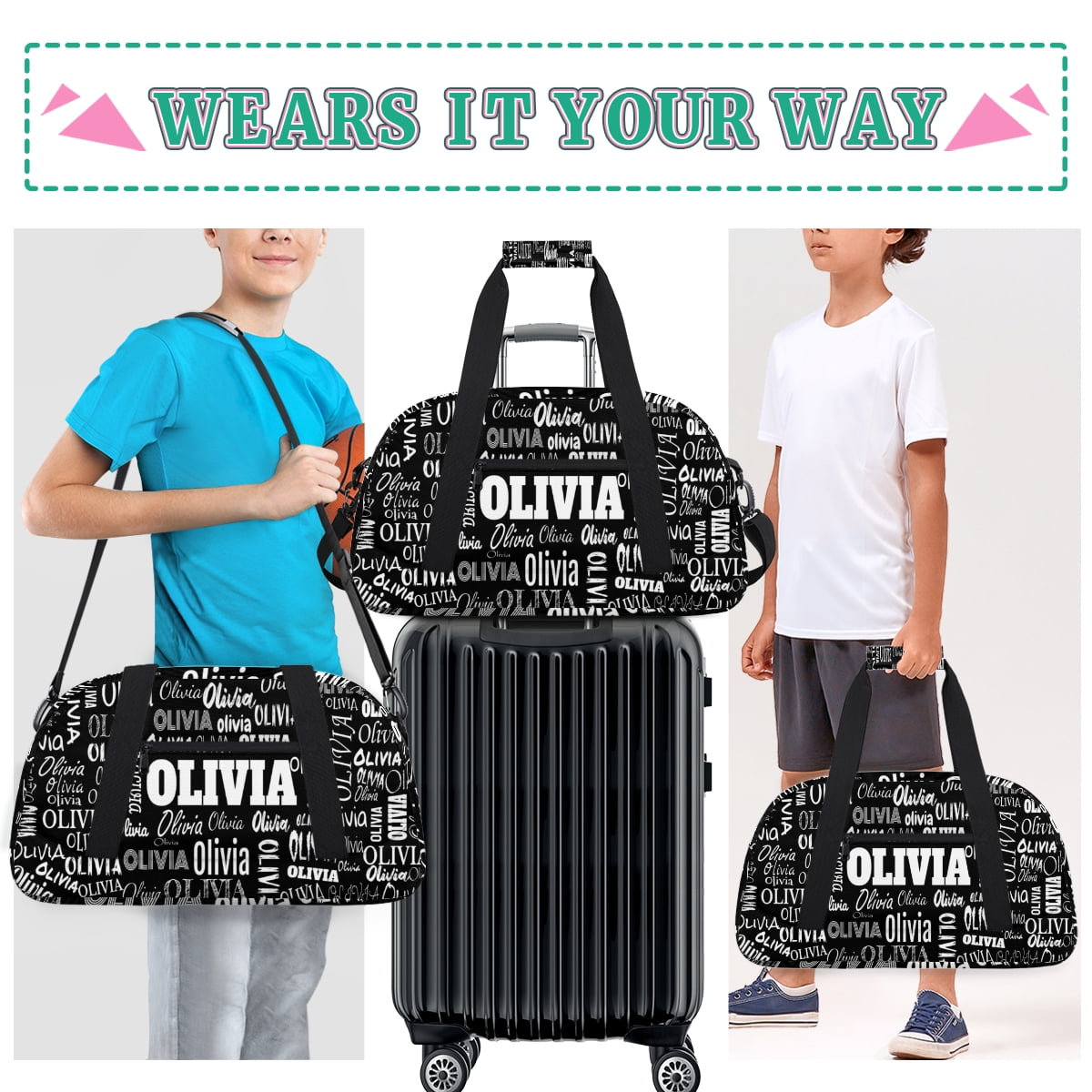 Personalized Names Sport Duffle Bag Kids Teens Travel Weekender Lightweight Bags, Black
