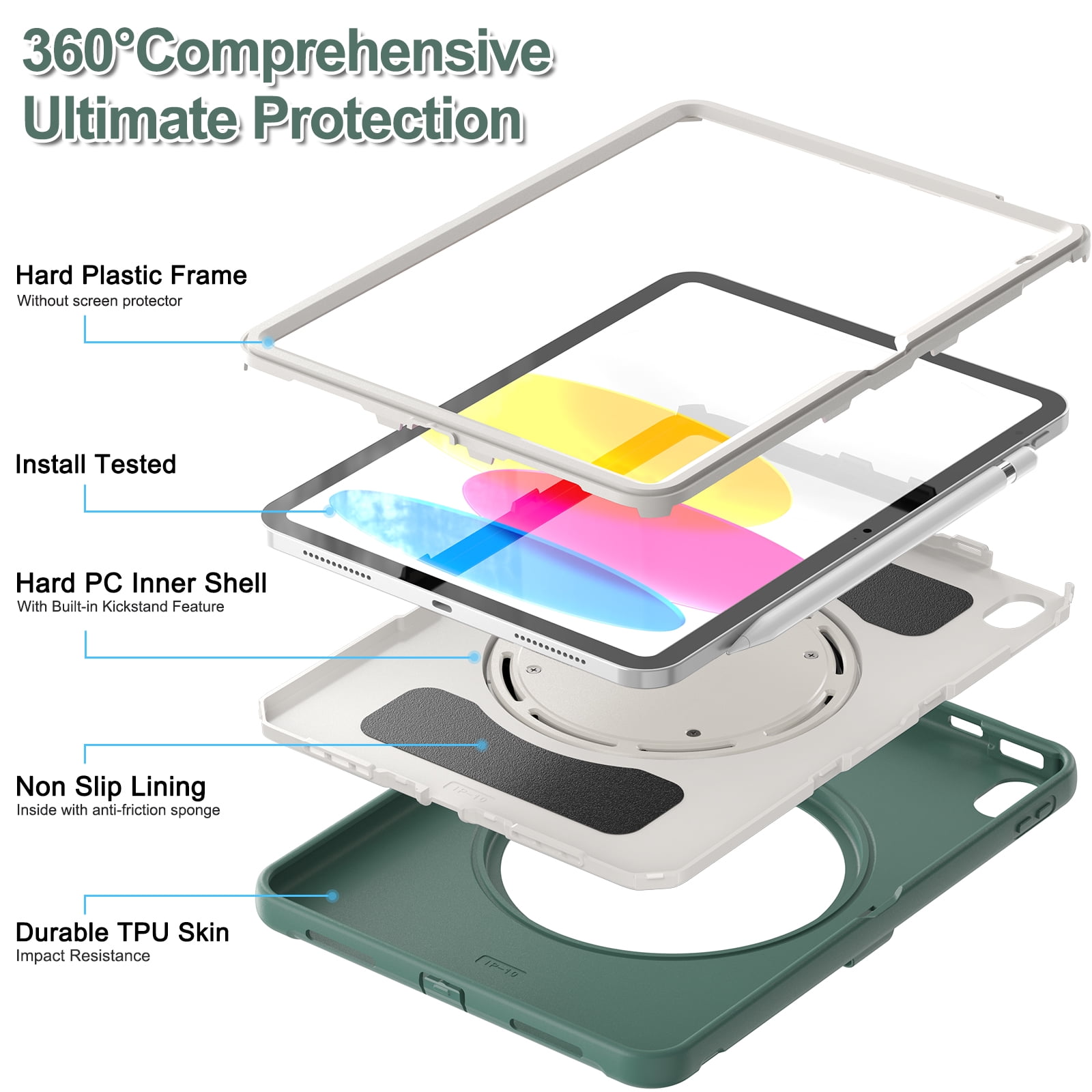 Dteck Case for iPad 10th Generation 10.9 inch 2022 with Hand Grip, Portable Carrying Rugged Shockproof Cover with Rotatable Stand Pencil Holder for Apple iPad 10th Gen,Deep Green