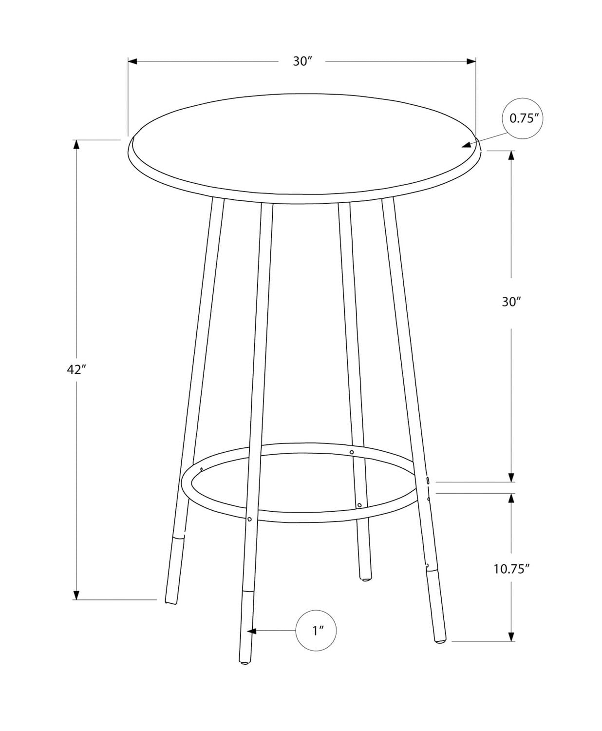 Monarch Specialties Home Bar, Bar Table, Bar Height, Pub, 30" Round, Small, Kitchen, Metal, Laminate, Brown Marble Look, Contemporary, Modern