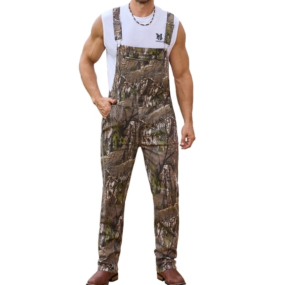 Camo Overalls for Men Work Utility Coveralls Bibs Romper Jumpsuit with Zipper Fly(Branch Camo Chest Zipper,L)